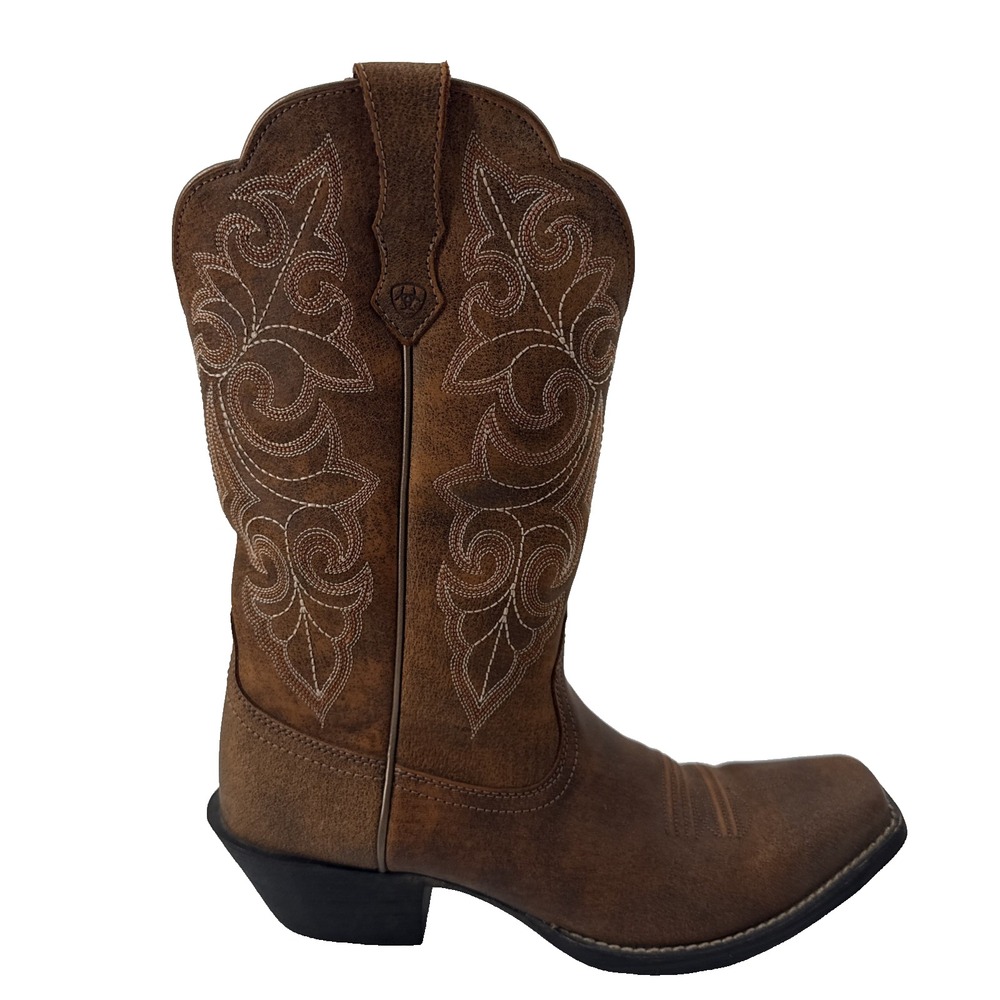 Ariat Round Up Square Toe Cowboy Boots Women 8.5 B Brown Leather Western Pull On - Picture 2 of 10